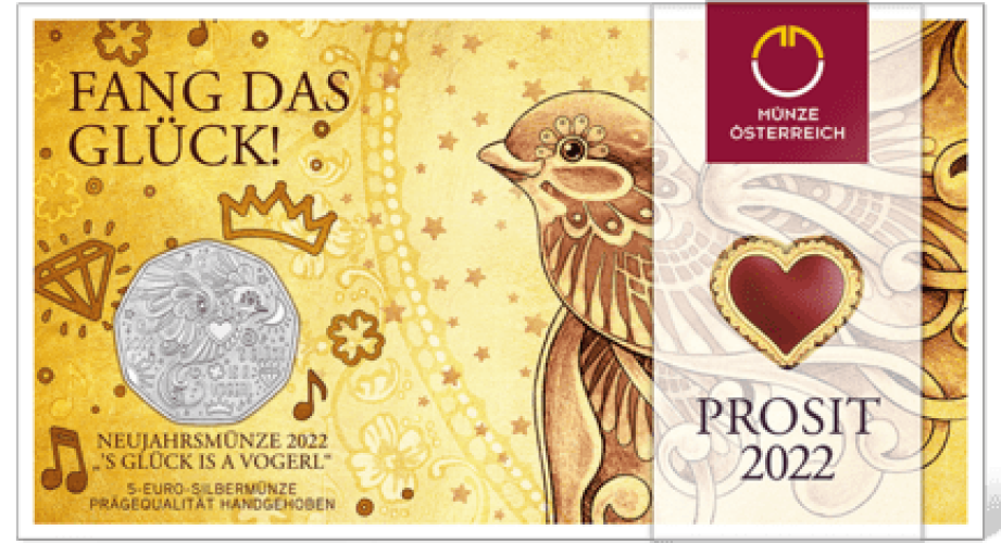 Coincard 5€ Euros Argent 925 Autriche 2022 Nouvel An Oiseau / Happiness is a Bid