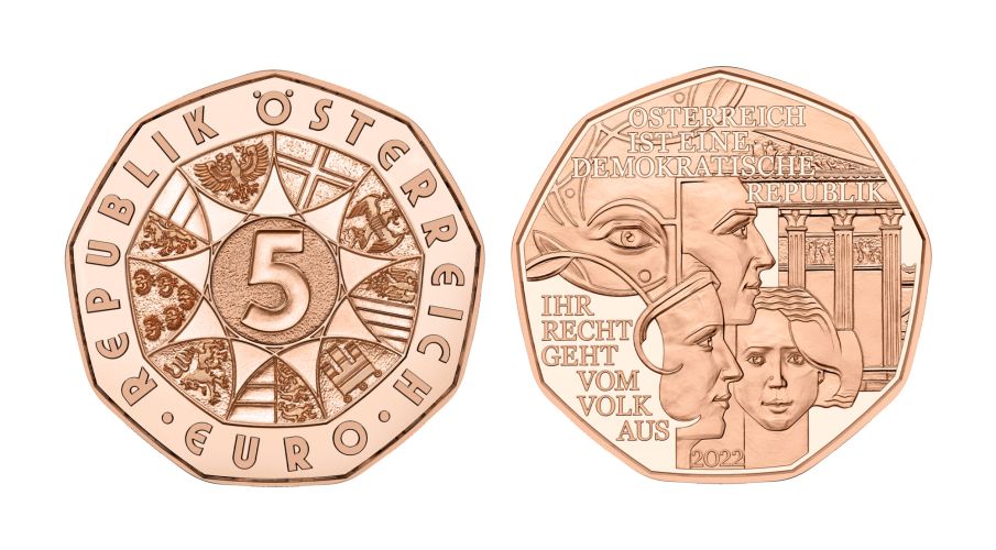 5€ Euros Commémorative Cuivre Autriche 2022 Democratie