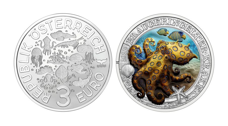 3€ Euros Autriche Vie Sous Marine 2022 : Pieuvre / Octopus 1/12