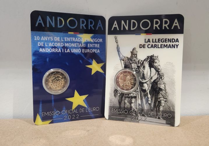 Lot 2 Coincards BU 2€ Euros Commémorative Andorre 2022 Charlemagne + 10 Ans Euros