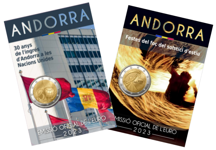 Lot 2 x 2€ Euros Coincard BU Andorre 2023 Solstice été + Nations Unies