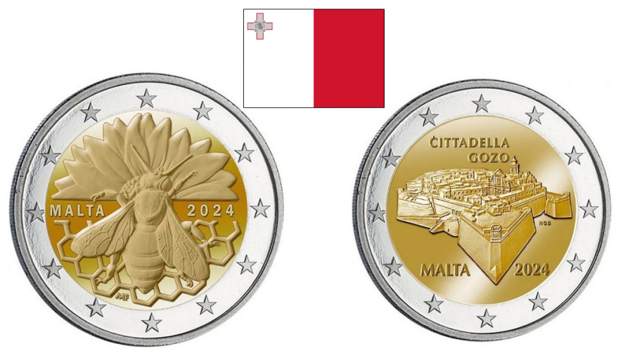 2 x 2€ Euros Commémorative Malte 2024 Gozo + Abeille