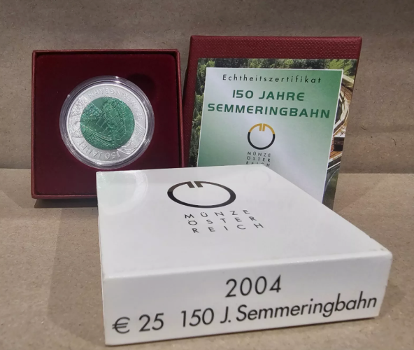 Coffret 25€ Euros Autriche Argent 900 Niobium 2004 ''Sammeringbahn''