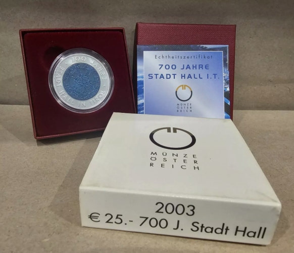 Coffret 25€ Euros Autriche Argent 900 Niobium 2003 ''700 Nas Tirol Stadt Hall''