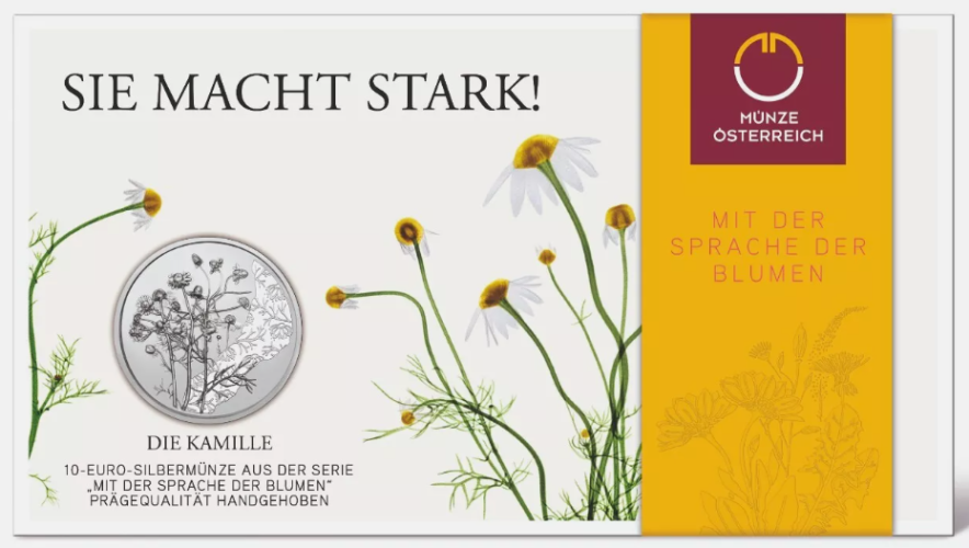 Coincard 10€ Euros Autriche 2023 Argent 925 Langage des Fleurs ''Camomille''