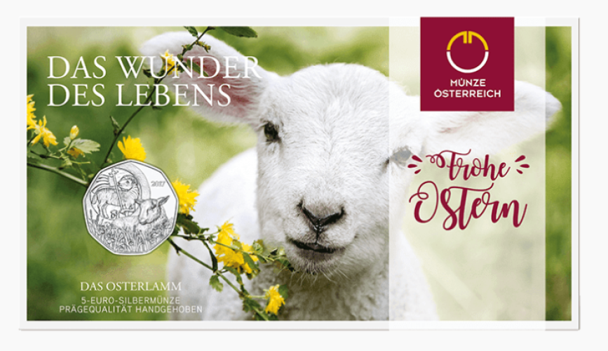 Coincard 5€ Euros Argent 925 Autriche 2017 Agneau Paques