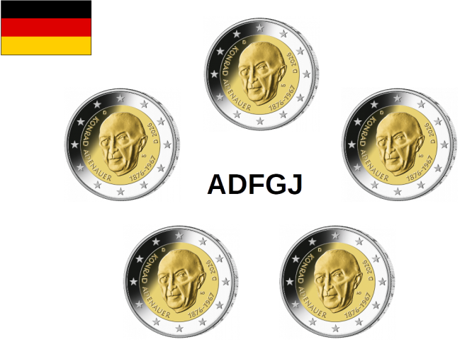 5 x 2€ Euros Commémorative Allemagne 2026 Adenauer
