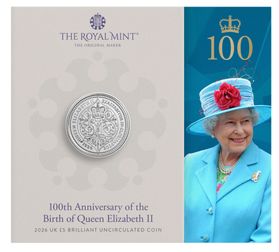 PREVENTE Coincard BU 5 Pounds Royaume Uni 2026 100 Years Birth Elisabeth II