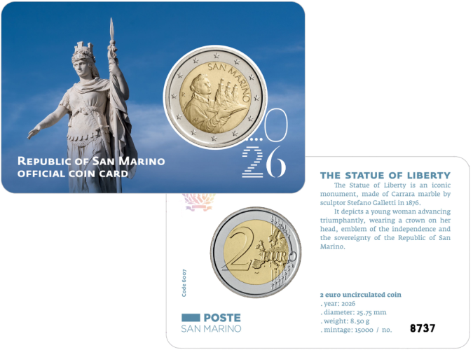 PREVENTE Coincard 2€ BU Saint Marin Nationale Statue Liberté 2026