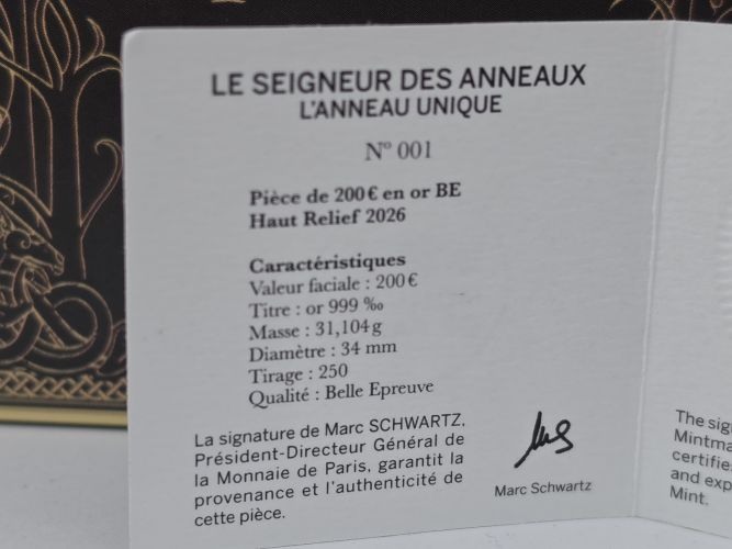 Coffret 200€ Or Gold 999/1000 France 2026 Seigneur des Anneaux 1Oz Numero 001 !